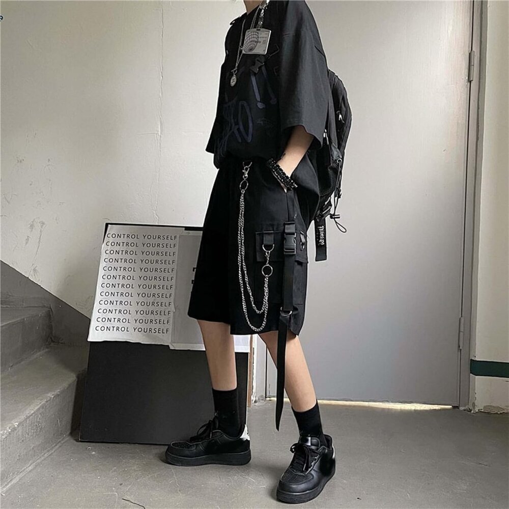 Black Cargo Pants Women Loose Wide-Leg With Chains Street Harajuku View 4